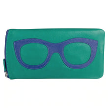 Load image into Gallery viewer, Front view of the aqua glasses case with  cobalt blue glasses design.

