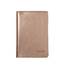 Load image into Gallery viewer, Front view of the rose gold wallet with RVP embossed on the bottom right corner.
